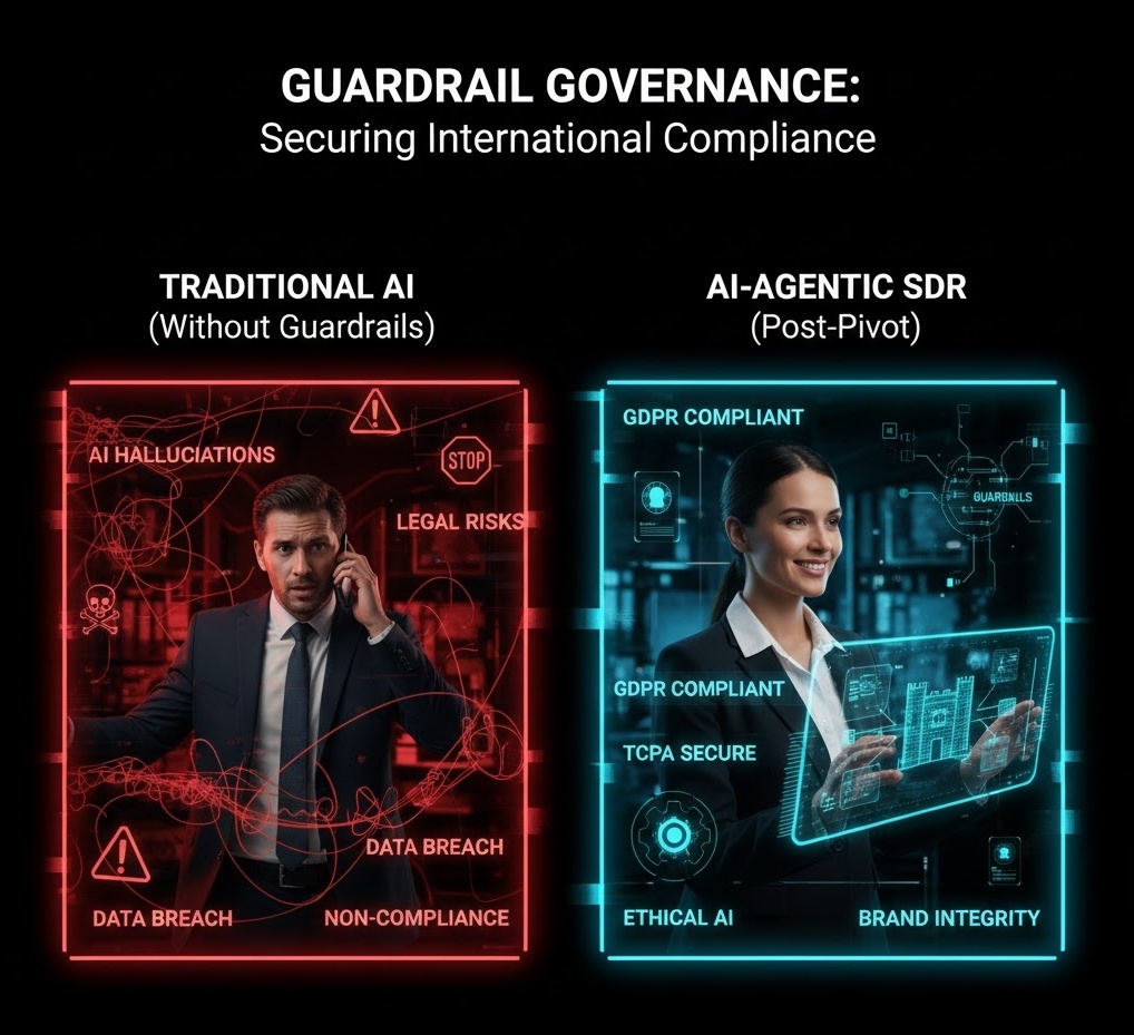 Comparison of a stressed executive facing "AI Hallucinations" in red versus a smiling professional with "GDPR Compliant" and "Ethical AI" in teal