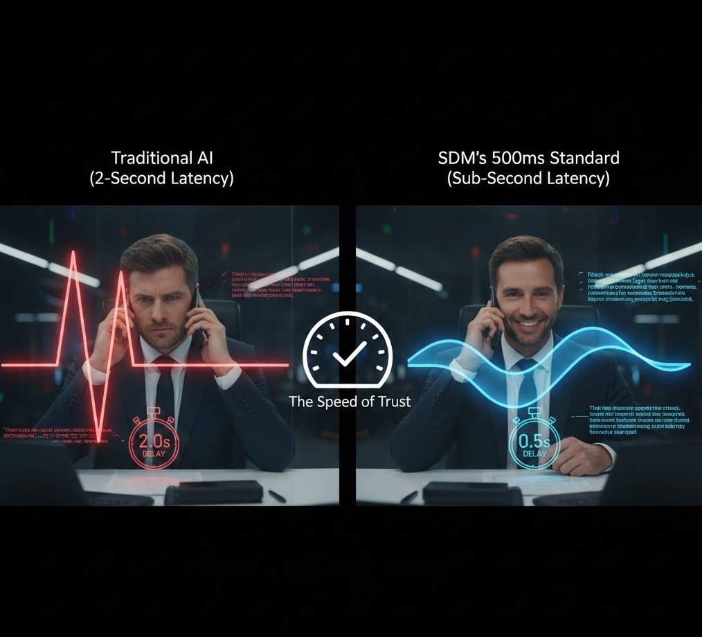 A side-by-side comparison of 2.0-second latency versus SDM's 0.5-second sub-second latency standard in AI voice agents