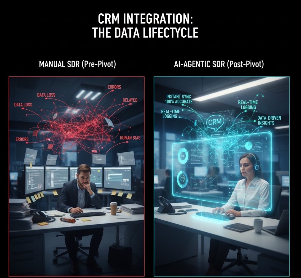 A comparison of manual SDR data entry with messy red lines versus AI-agentic CRM synchronization with clean teal data streams