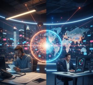 A split-screen digital illustration showing a traditional manual sales office on the left and a high-tech, AI-driven global sales command center on the right, connected by a glowing digital globe