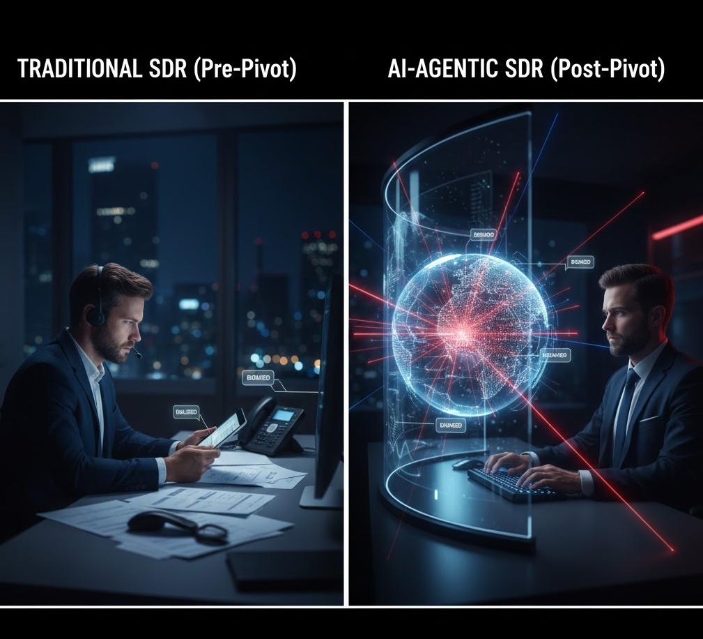 A side-by-side comparison of a traditional manual sales office and a futuristic AI-driven global sales command center