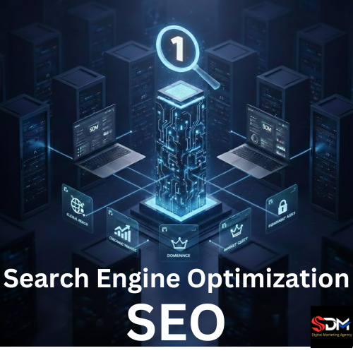 Isometric 3D technical illustration of a server data center with a glowing "Number 1" search magnifying glass, representing domain dominance and organic ranking