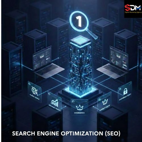 Isometric 3D technical illustration of a server data center with a glowing "Number 1" search magnifying glass, representing domain dominance and organic ranking