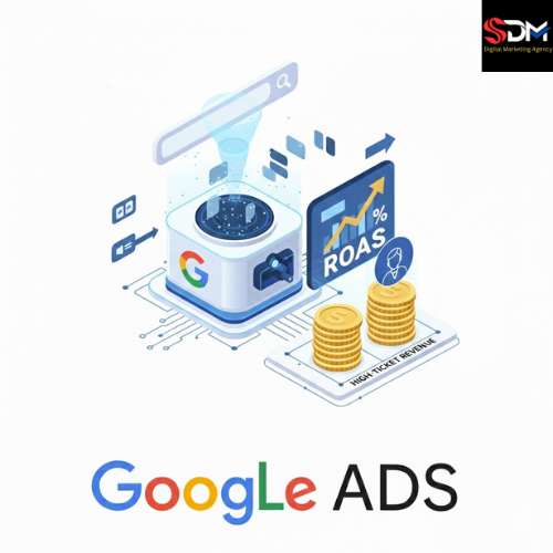 3D isometric technical illustration of a Google Ads search engine on a clean white background, showing ROAS growth and high-ticket revenue stacks