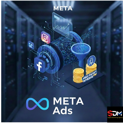 A high-end 3D isometric visualization of a technical Meta Ads engine. The graphic features a glowing mechanical funnel connected to Facebook and Instagram icons, transforming complex data into stacks of gold coins, set against a futuristic data center background