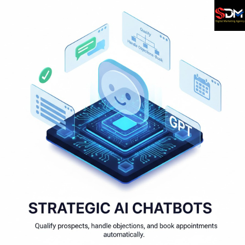 Isometric 3D illustration of a GPT-based AI chatbot interface with icons for lead qualification, objection handling, and automatic appointment booking